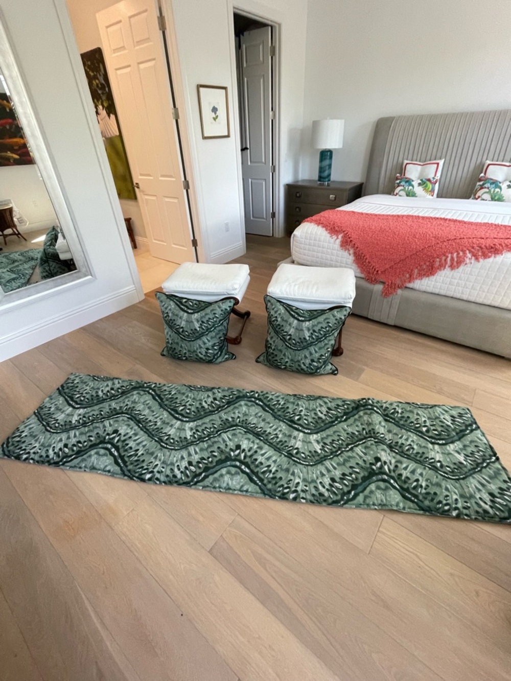 Altuzarra Custom Green Patterned Decorative Pillows and Runner Set